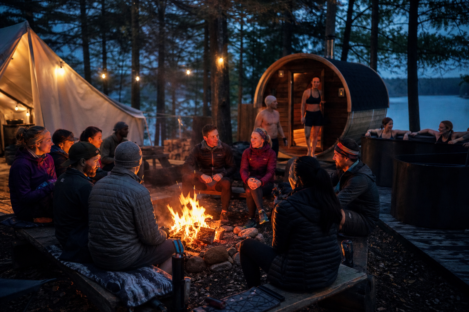 Athletes recovering together at a lakeside basecamp with a sauna and cold plunges