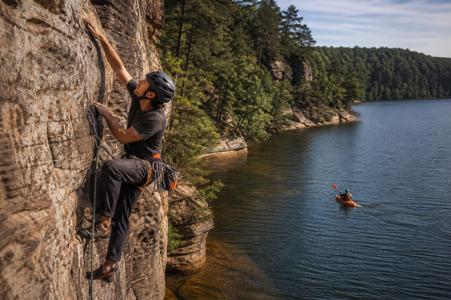 Climber ascending natural rock above a kayaker on a Wisconsin lake